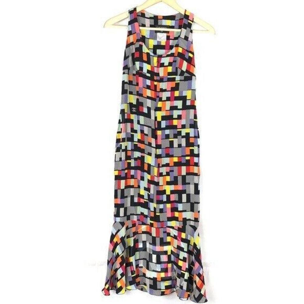 CHANEL Geometric 2001 Maxi Dress Sleeveless Rainbow Logo Long Women 4 VINTAGE
